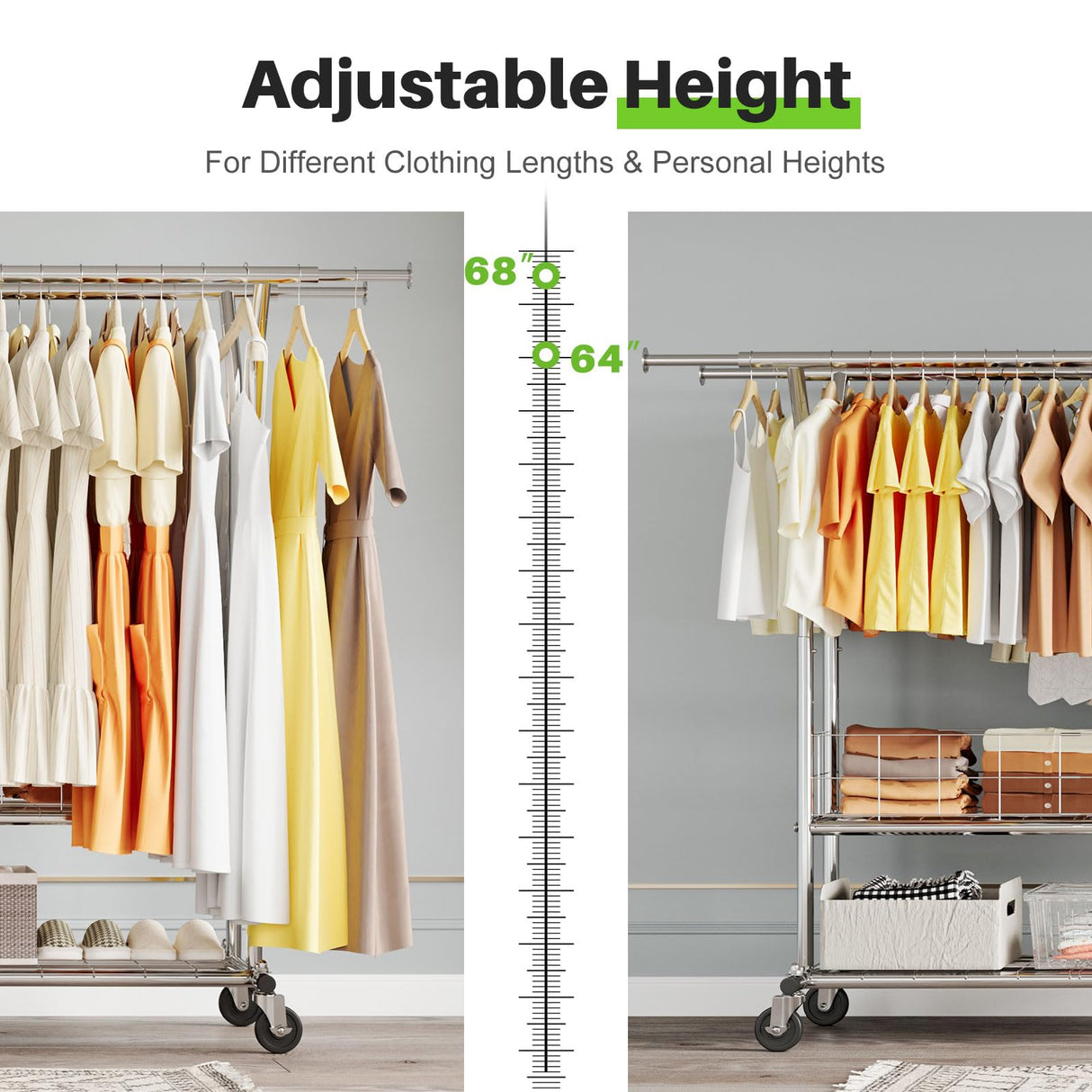 HOKEEPER Adjustable Rolling Garment Rack - Double Rod with Basket