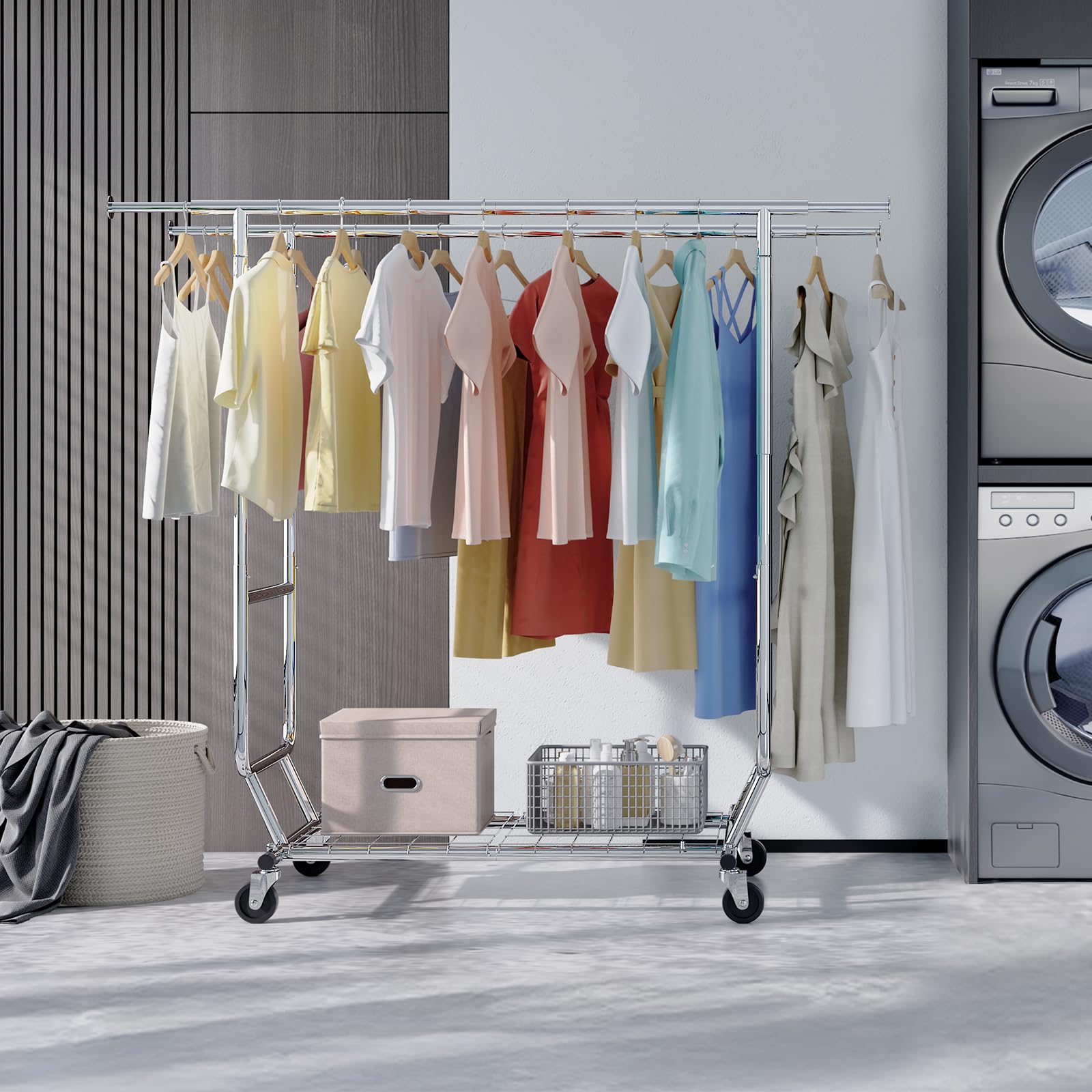 HOKEEPER Double Rod Garment Rack with Wheels