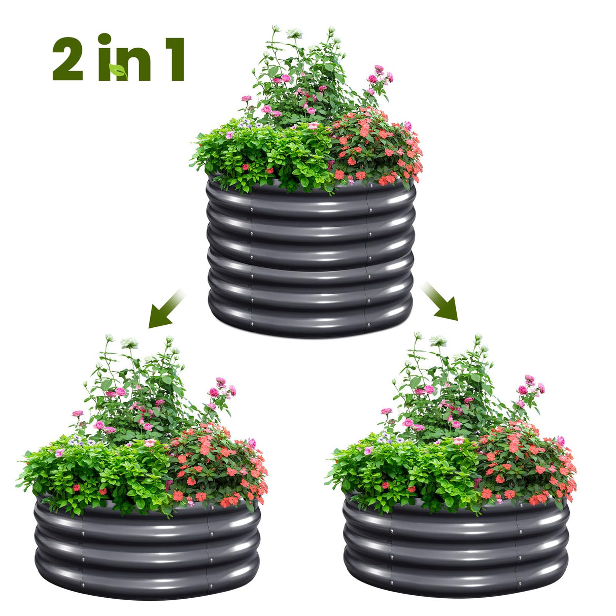 KING BIRD 24"x24"x12" Round Planter Box (2-Pack) - Dark Grey