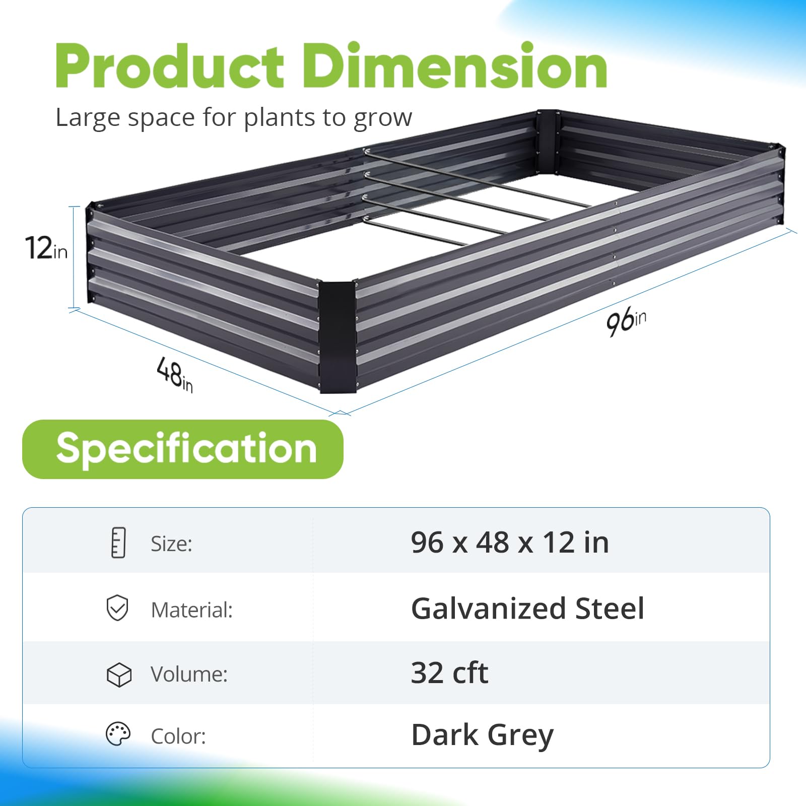 Quictent 8'x4'x1' Galvanized Raised Garden Bed - Dark Grey
