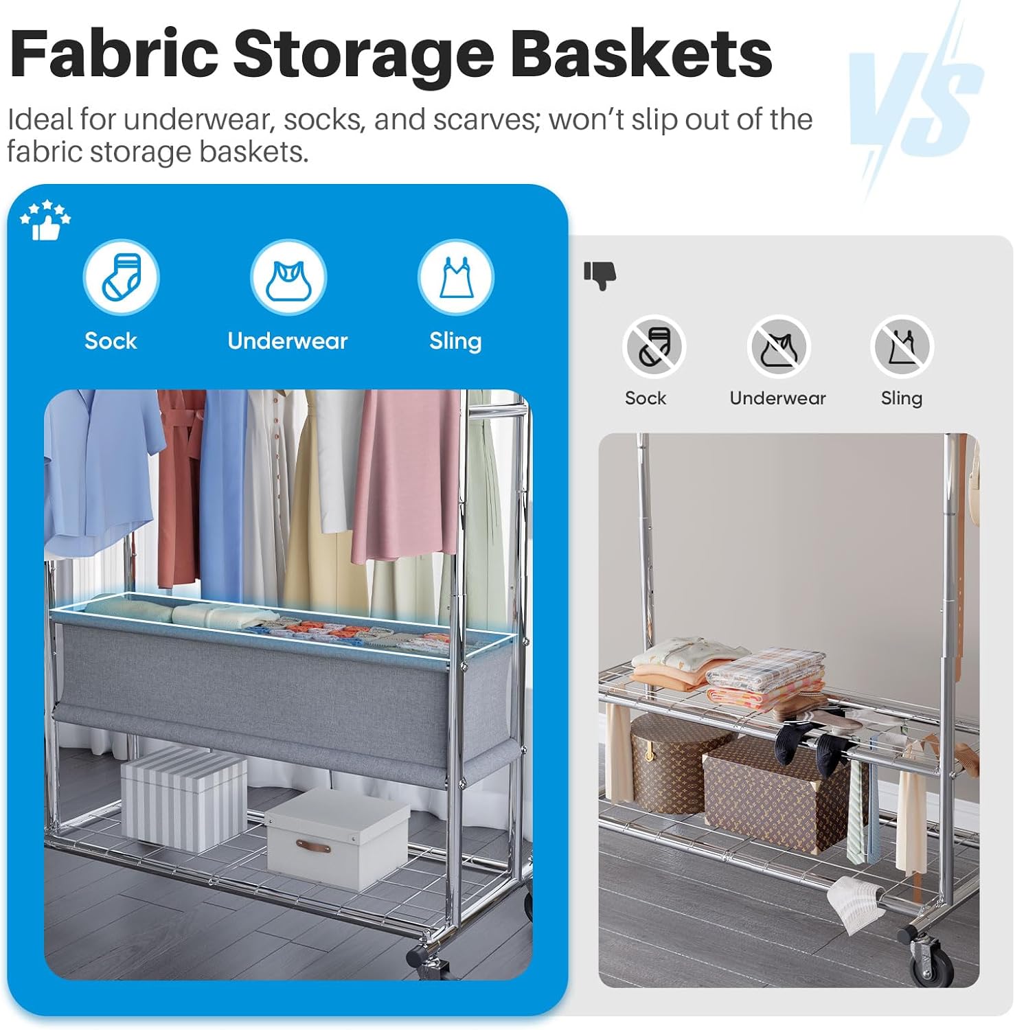 Fabric storage basket offering organized space for socks, underwear, or folded items, with a secure and slip-resistant design.