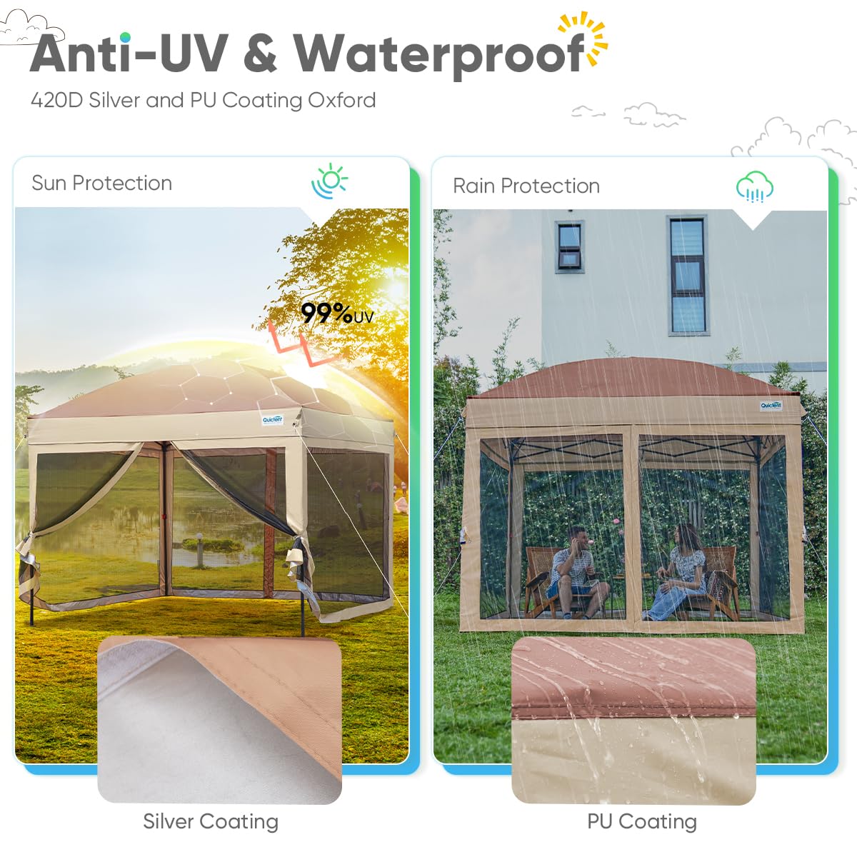 Quictent 6.6'x6.6' Screened Pop up Canopy - Khaki