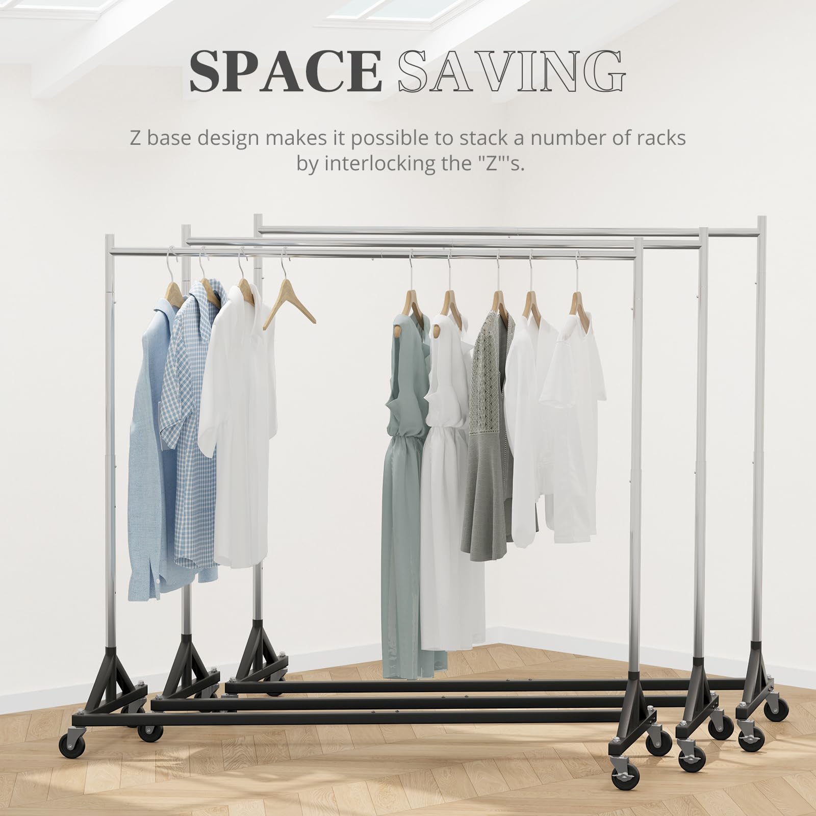Heavy-duty Z Base Clothes Rack with thick 1.5mm poles, supporting heavy loads of garments. Features a triangle frame for maximum durability and stability in commercial or home settings.