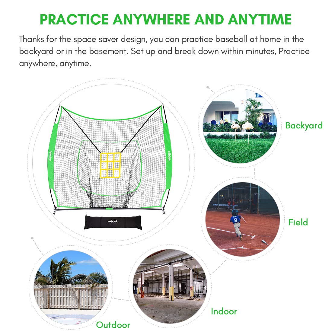 Zupapa 7'x7' Baseball Softball Net Tee Caddy Practice Combo - Green