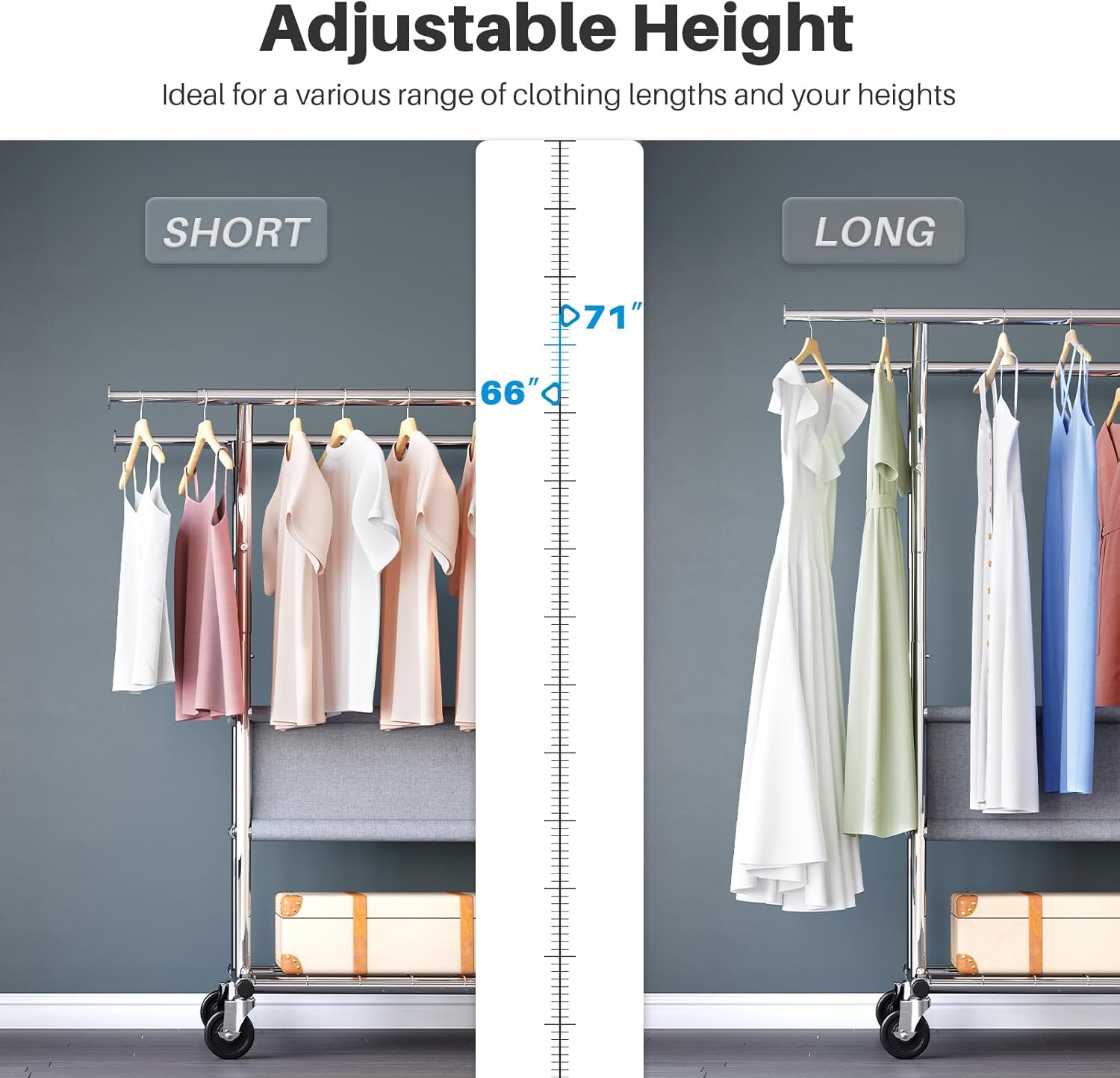 Adjustable height feature ranging from 68 to 71 in, accommodating both short and long garments for versatile usage.