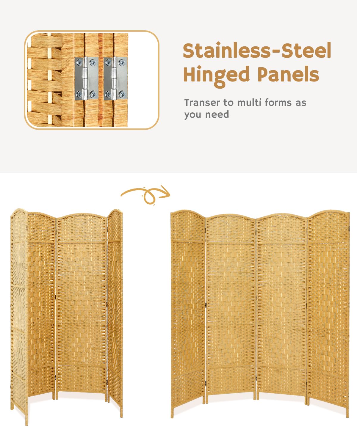 Stainless steel hinges on the yellow room divider, allowing flexible folding and arrangement, as highlighted in the graphic with various forms and adjustments.