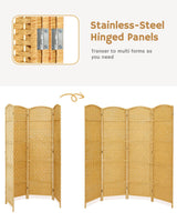 Stainless steel hinges on the yellow room divider, allowing flexible folding and arrangement, as highlighted in the graphic with various forms and adjustments.