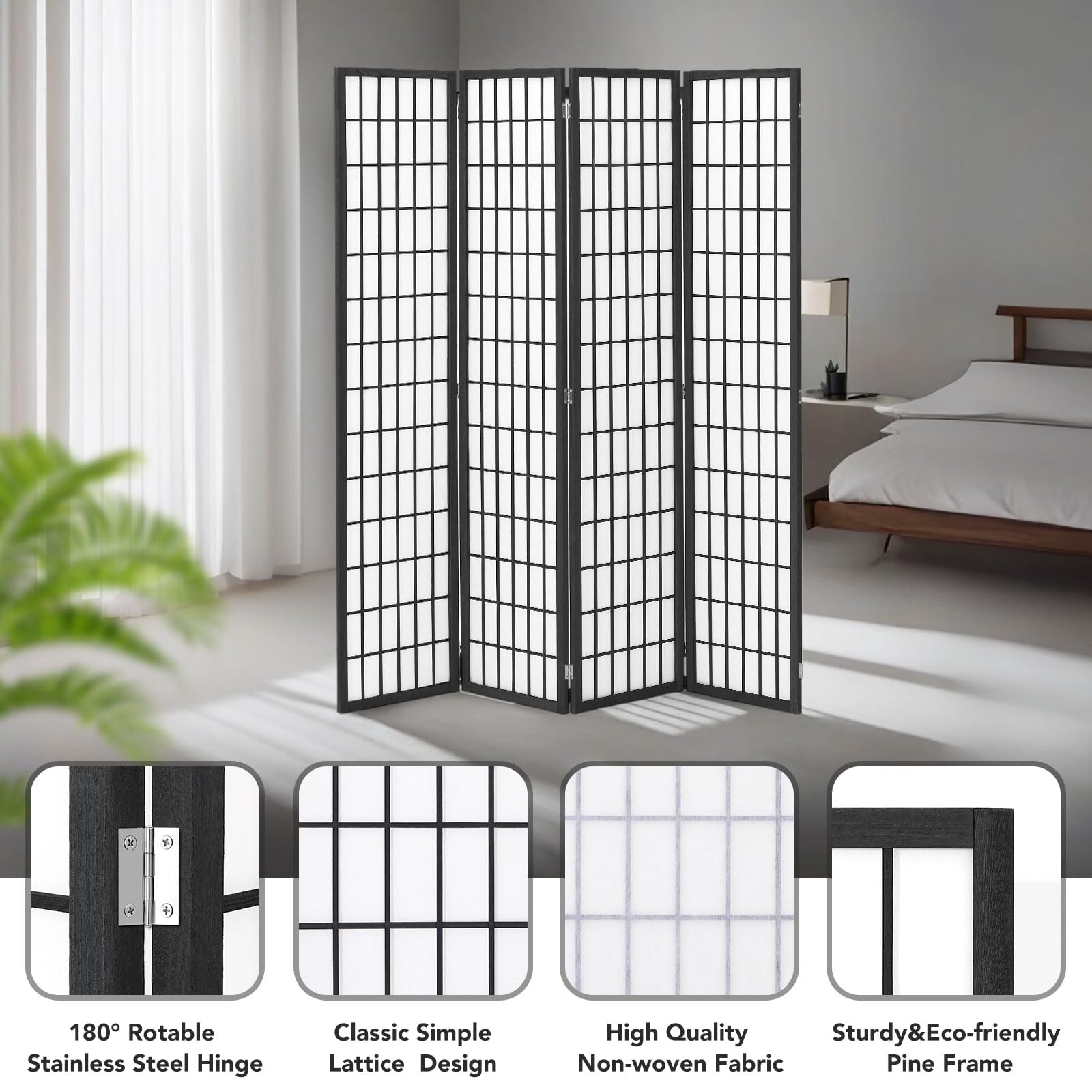 JOSTYLE Japanese Style Room Divider - Black (4-Panel)