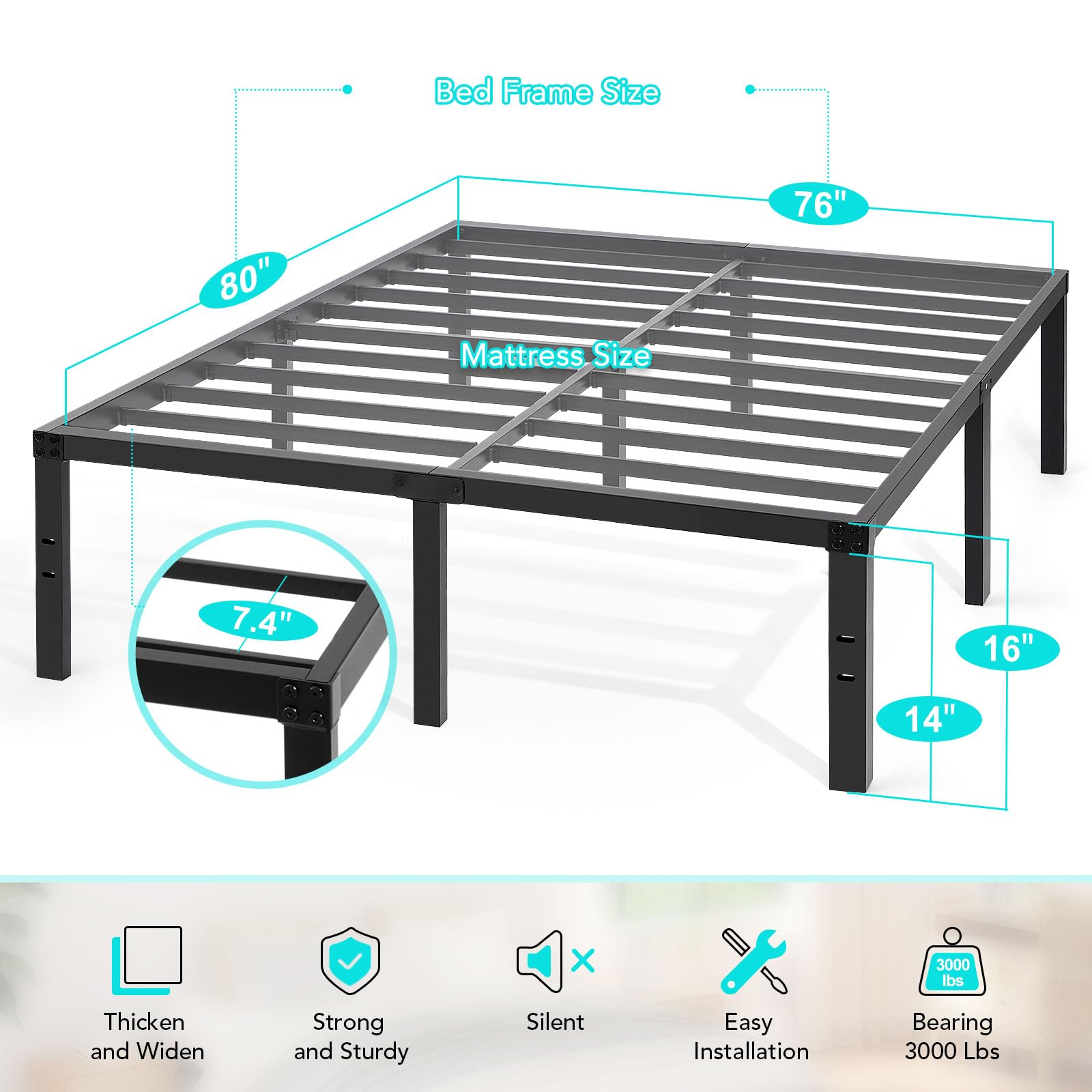 TATAGO 16" 3500lbs Heavy-Duty Steel King Bed Frame