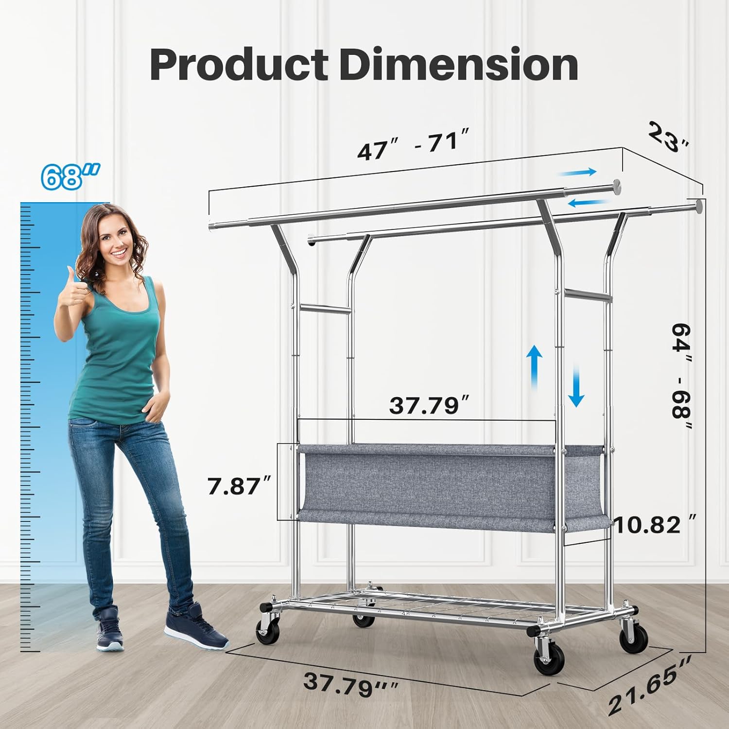 Product dimensions with rods adjustable from 46" to 71", showing measurements for height, width, and depth for better understanding.