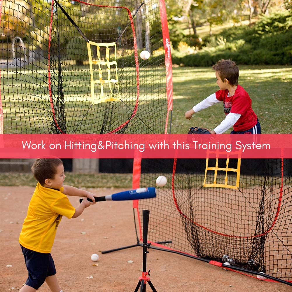 Zupapa 7'x7' Baseball Softball Net Tee Caddy Practice Combo- Red