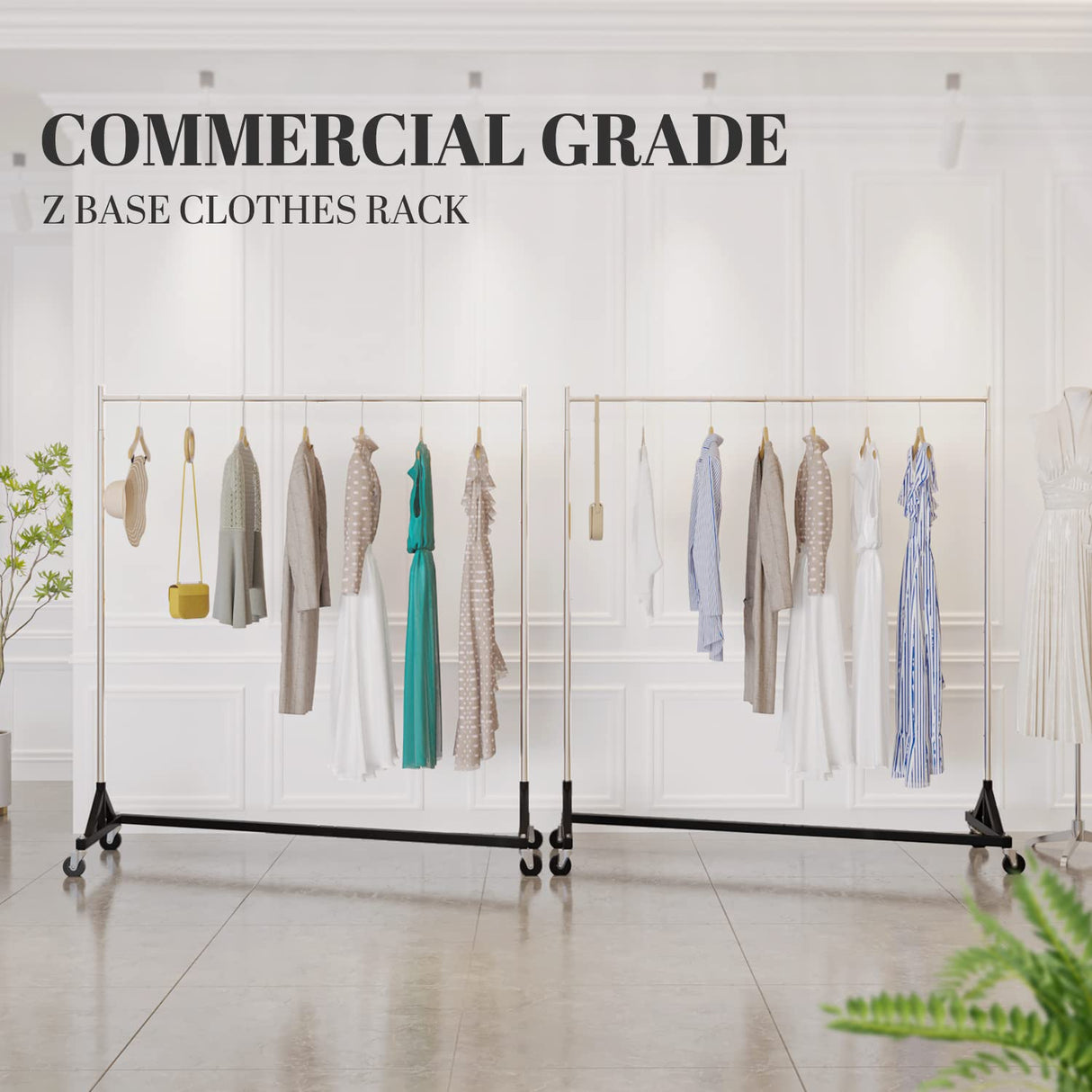 Easy-to-move clothes rack equipped with 360¡ã rotating lockable casters, ensuring smooth mobility and secure placement when needed. Perfect for both small spaces and large setups.