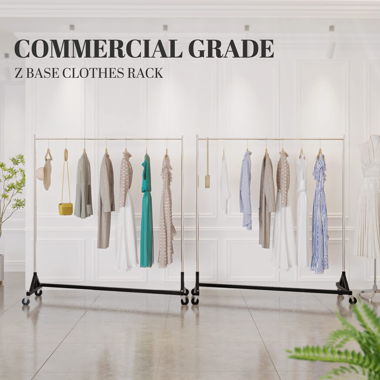 Easy-to-move clothes rack equipped with 360¡ã rotating lockable casters, ensuring smooth mobility and secure placement when needed. Perfect for both small spaces and large setups.