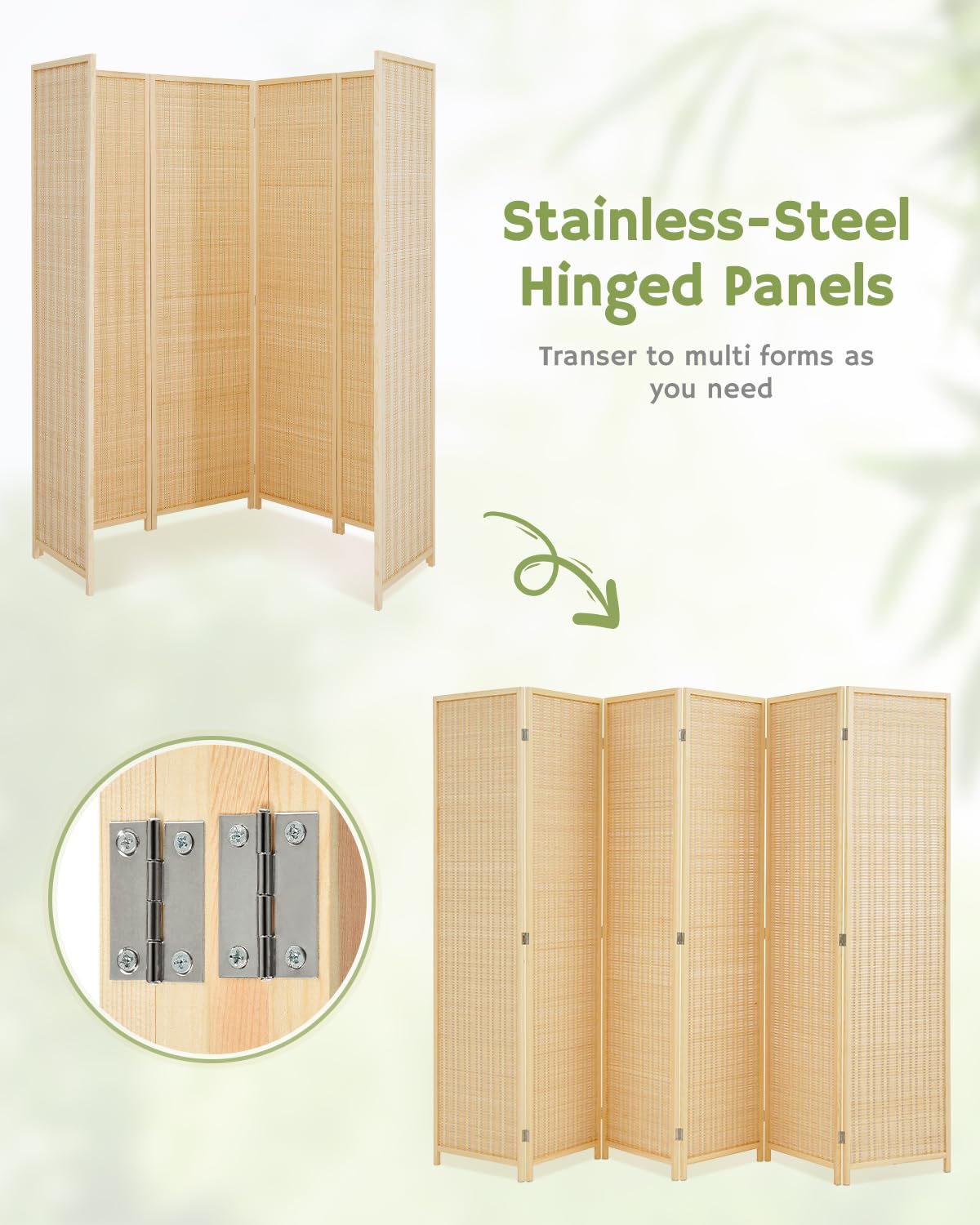 Beige 6-panel room divider with ultra-dense weaving, providing a 95% shielding rate for strong privacy, as noted by the accompanying text.