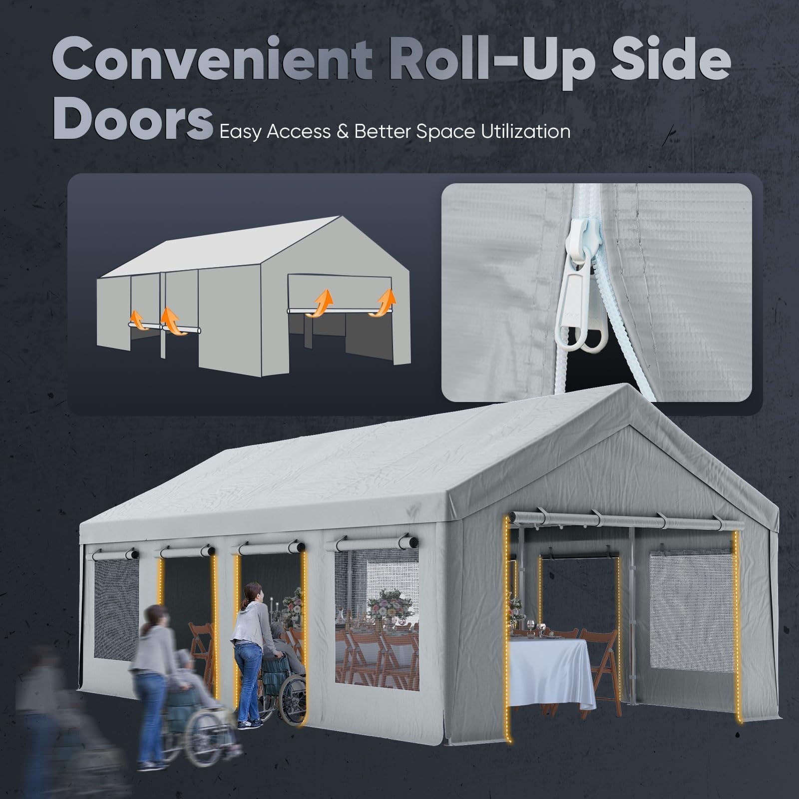 Quictent 13'x25' Snowproof Steel Carport with Zipper Doors - Gray