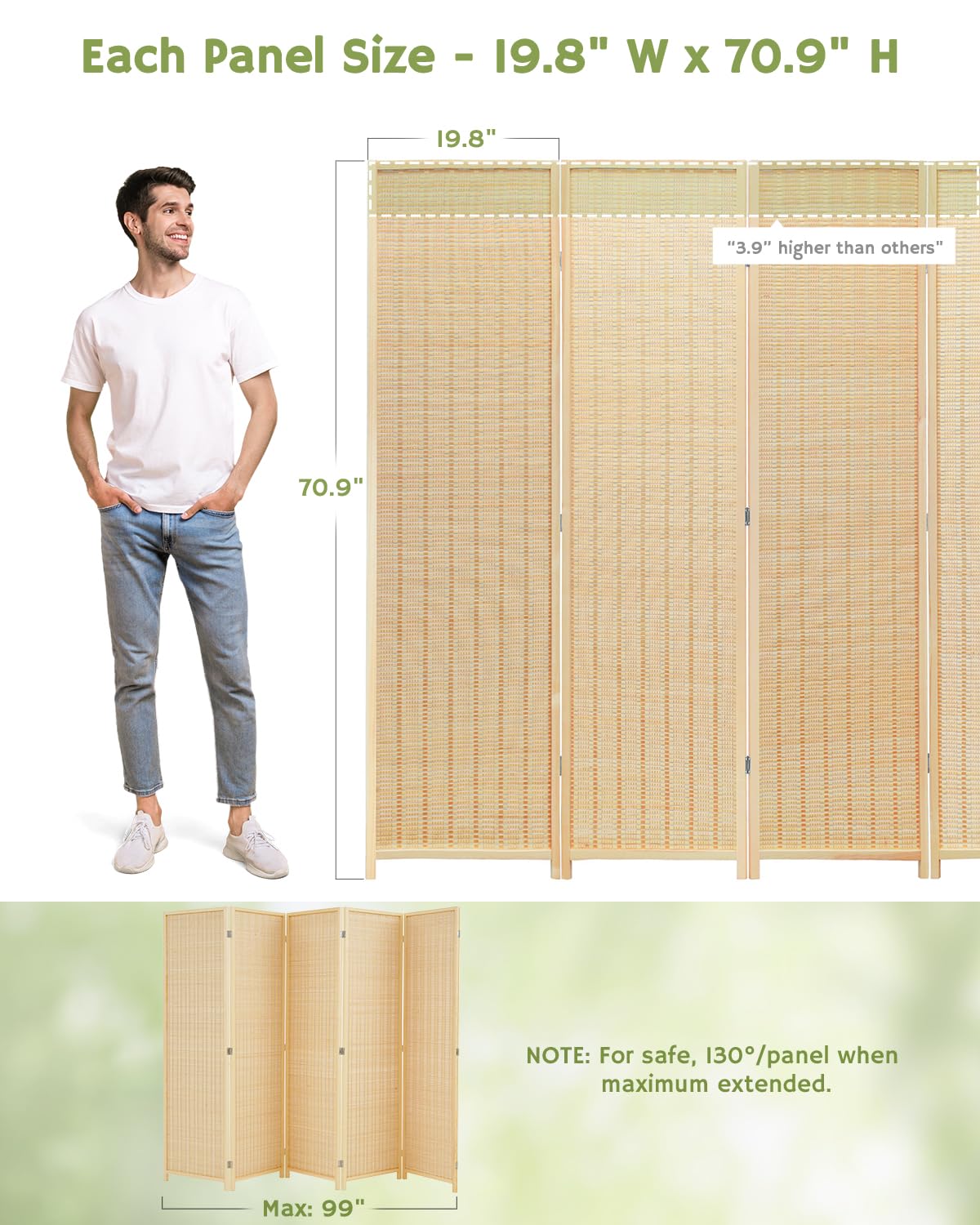 JOSTYLE 6ft Bamboo Partition - Beige (5-Panel)
