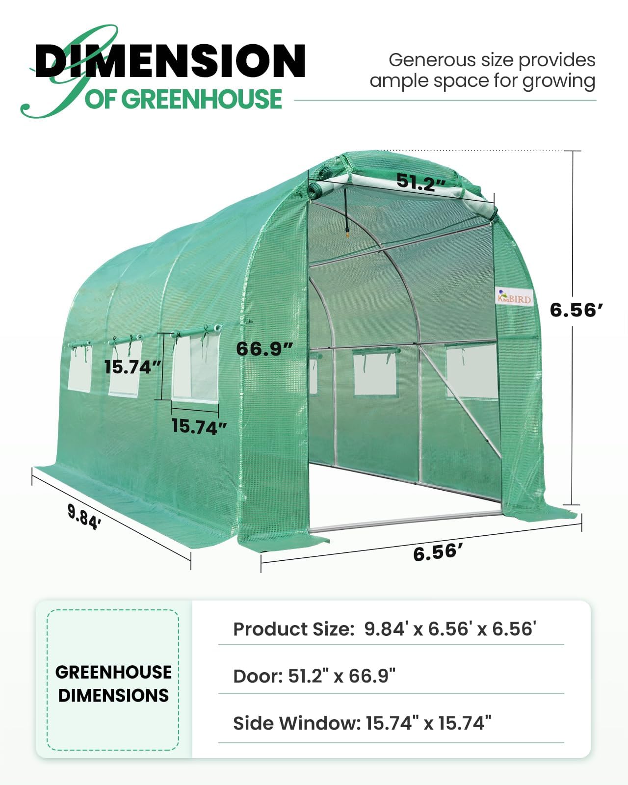 KING BIRD 10'x6.6'x6.6' Greenhouse with Watering Kits - Green