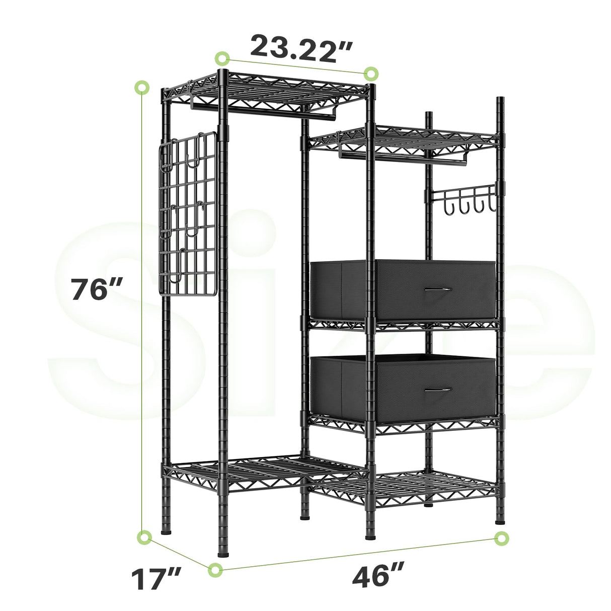 Product dimensions showing a detailed diagram of the closet rack, with measurements and capacity information.