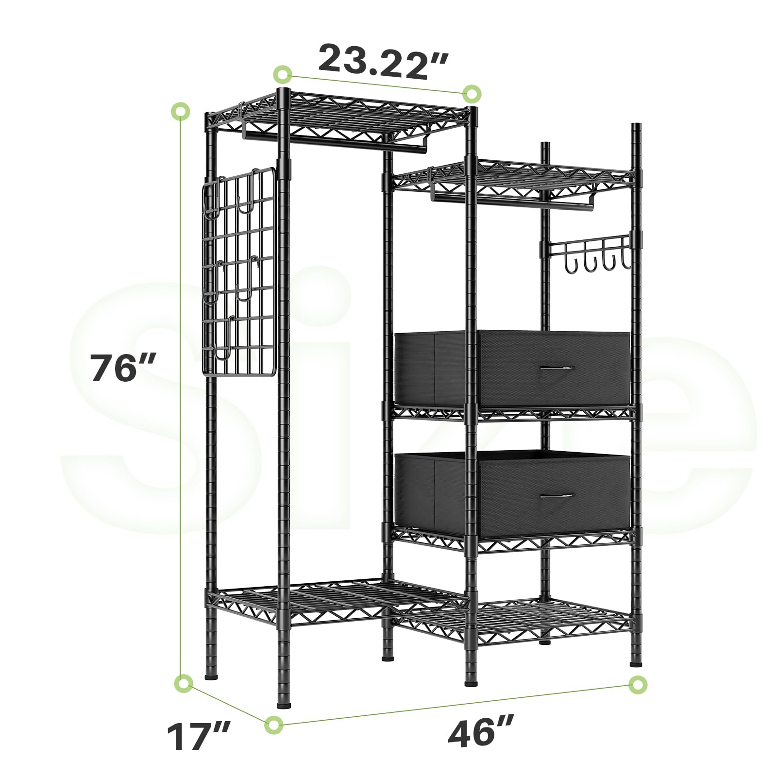 Product dimensions showing a detailed diagram of the closet rack, with measurements and capacity information.