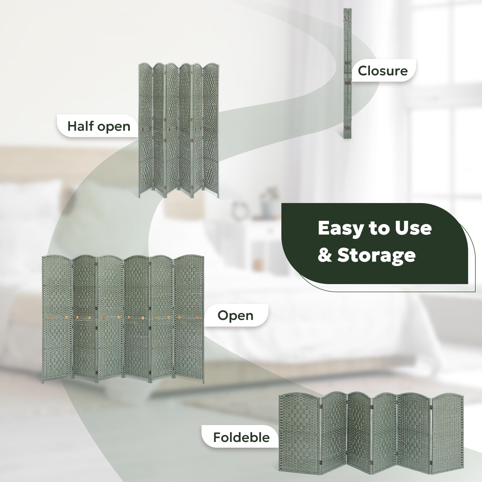 Green 6-panel room divider in a bright living room, accompanied by the text 'To Provide You with a Private Space,' ideal for creating separate areas in open spaces.