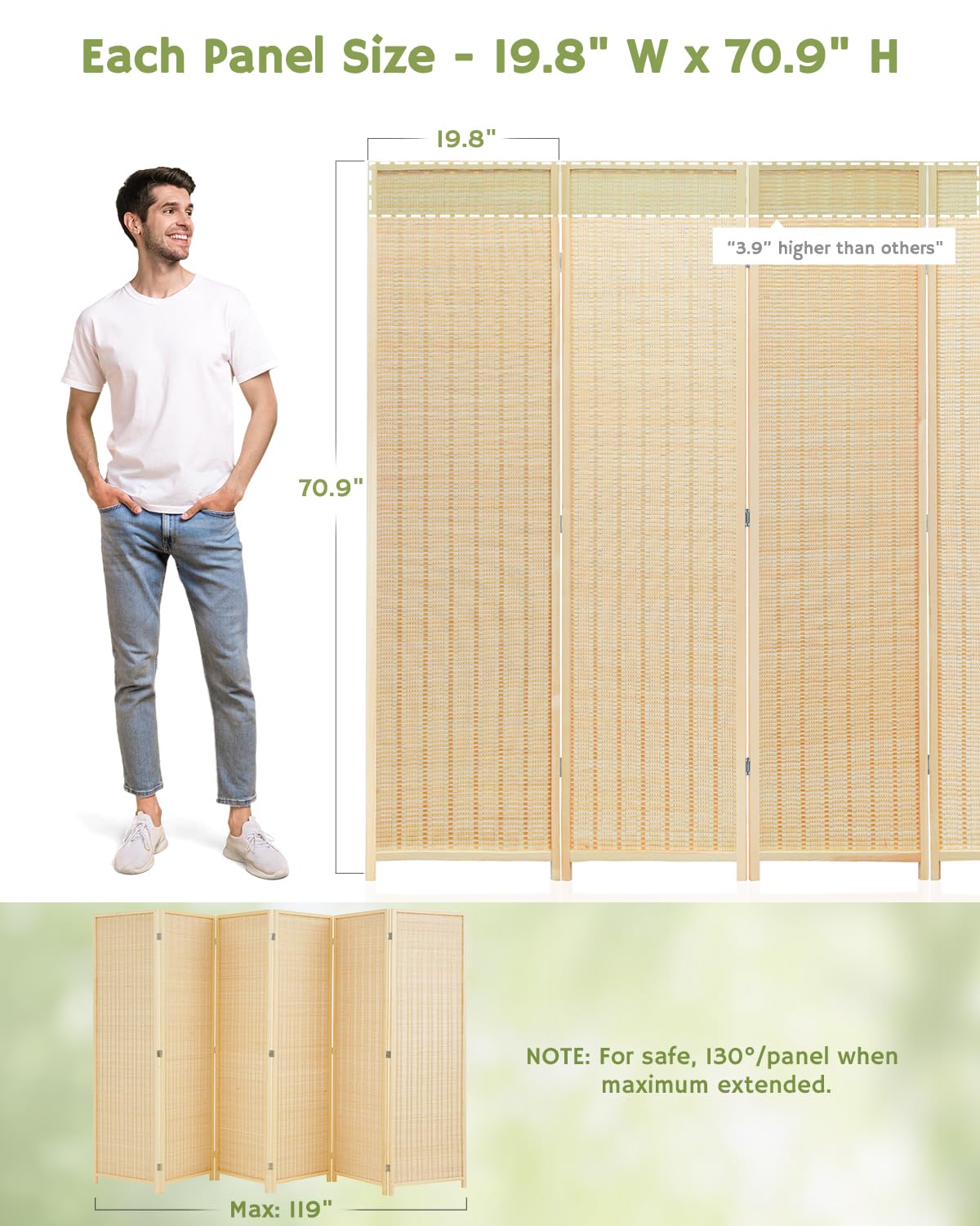 Foldable beige 6-panel room divider shown compactly stored against a wall, ideal for saving space when not in use.