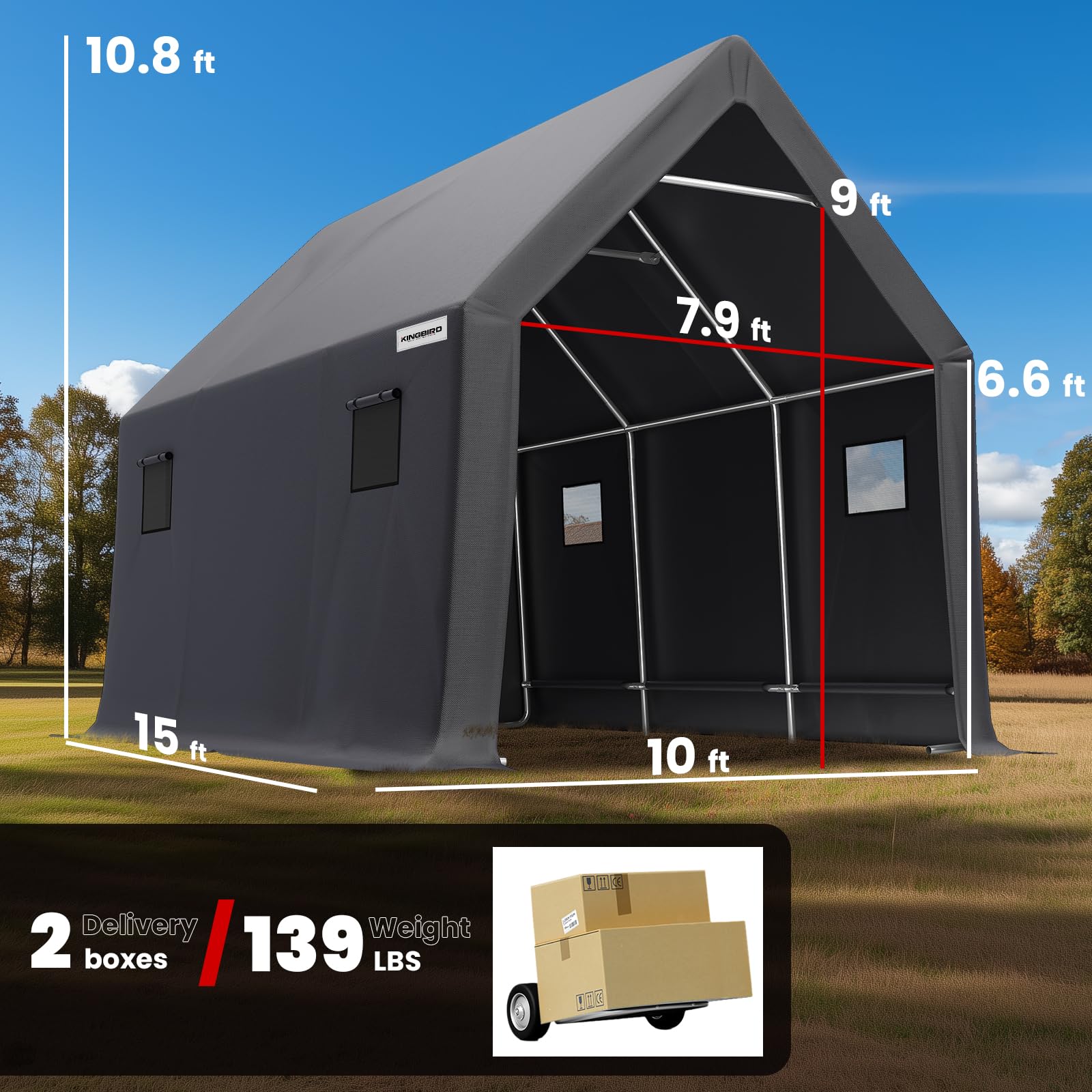 KING BIRD 10'x15'x10.8' Anti-Snow Carport - Dark Gray
