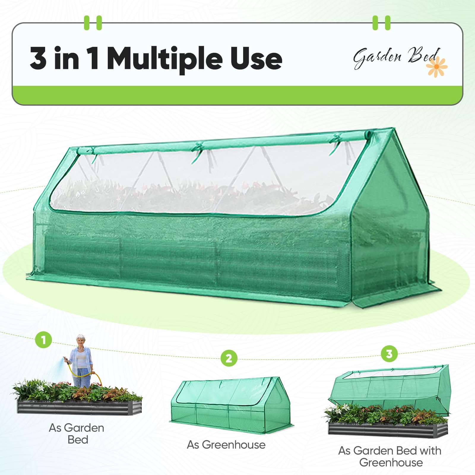 Quictent 8'x4'x1' Galvanized Raised Garden Bed with Cover - Green
