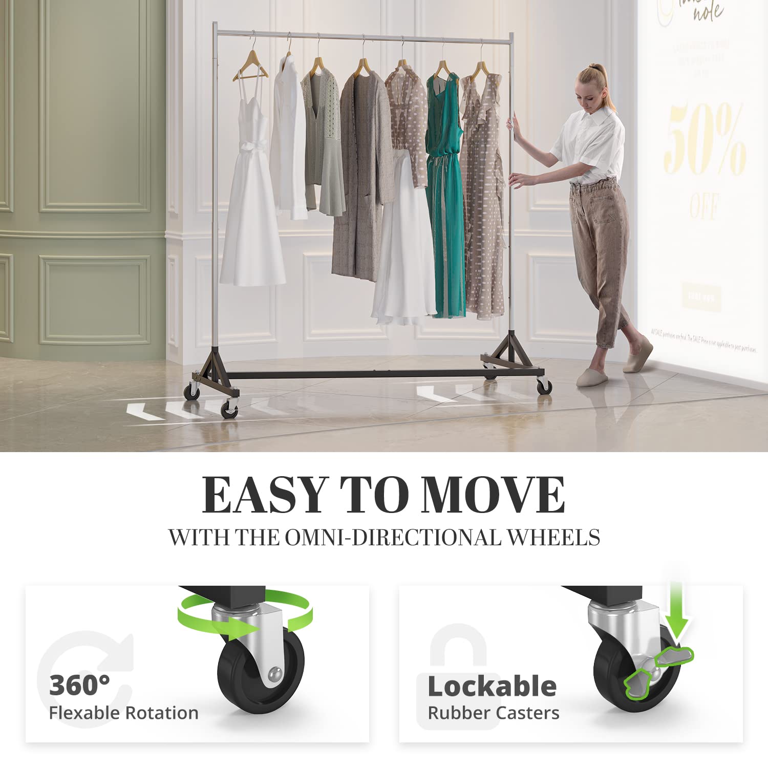 Adjustable height clothes rack showcasing its ability to fulfill different clothing storage needs, with three height options (59", 65", and 71"). Suitable for long dresses, coats, and shorter garments.