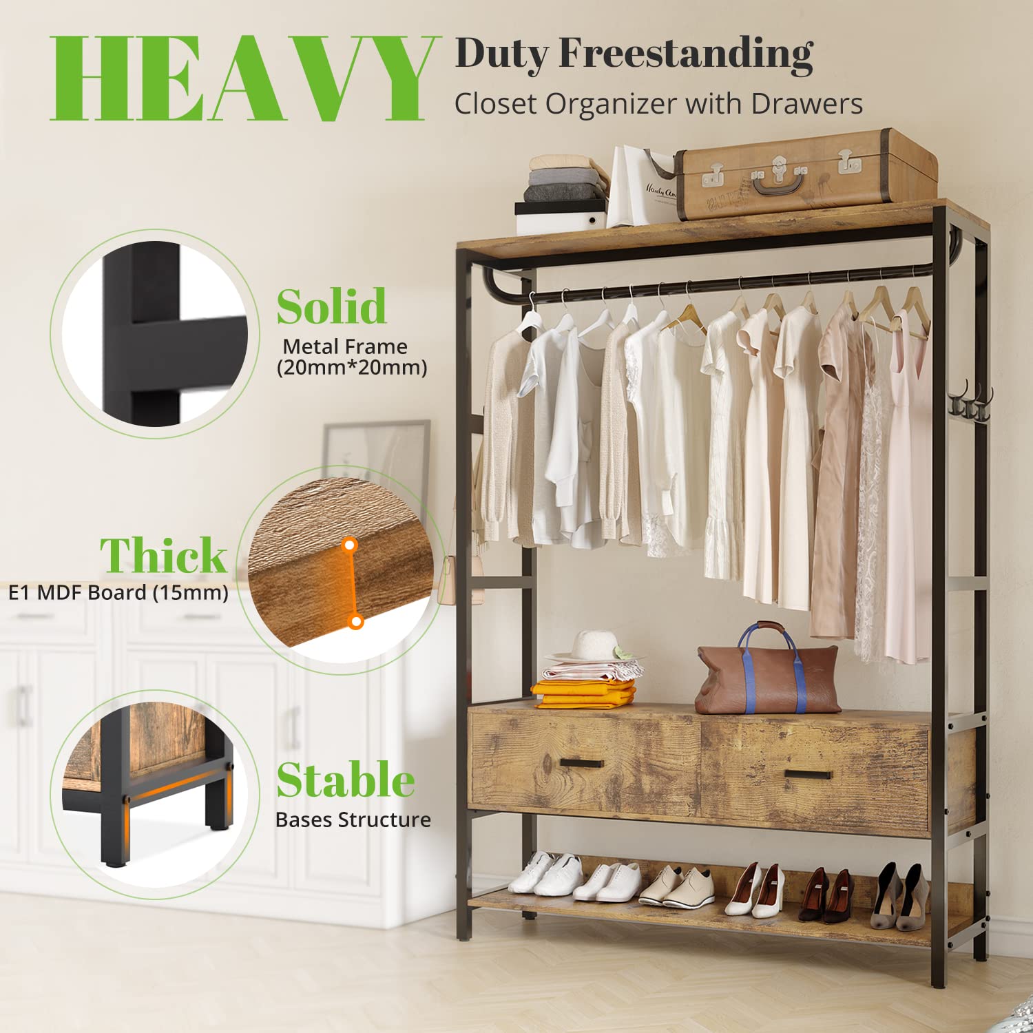 Detailed view highlighting the solid metal frame, thick E1 MDF boards, and stable base, emphasizing the rack's sturdy construction.