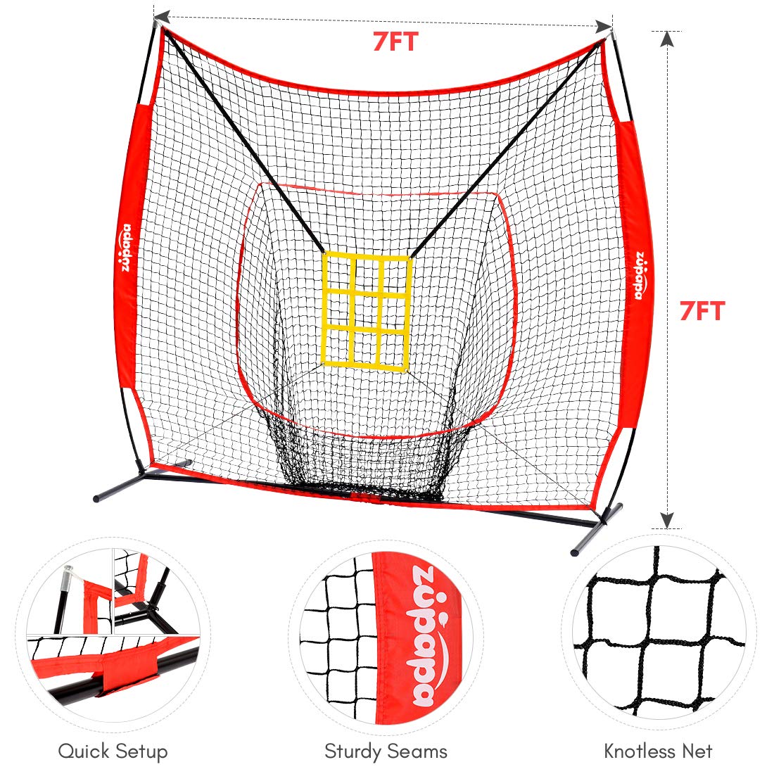 Zupapa 7'x7' Baseball Softball Net Tee Caddy Practice Combo- Red