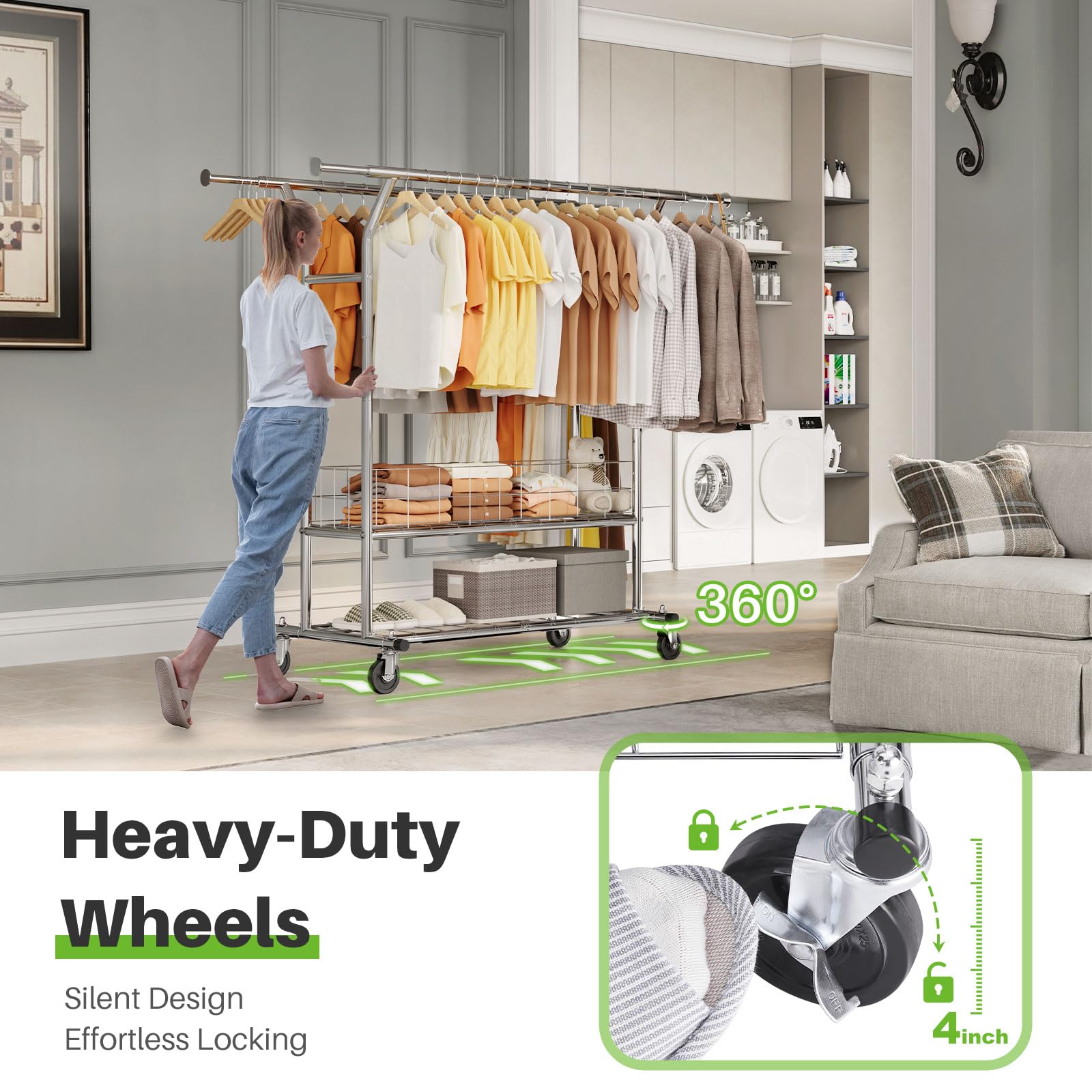 HOKEEPER Adjustable Rolling Garment Rack - Double Rod with Basket