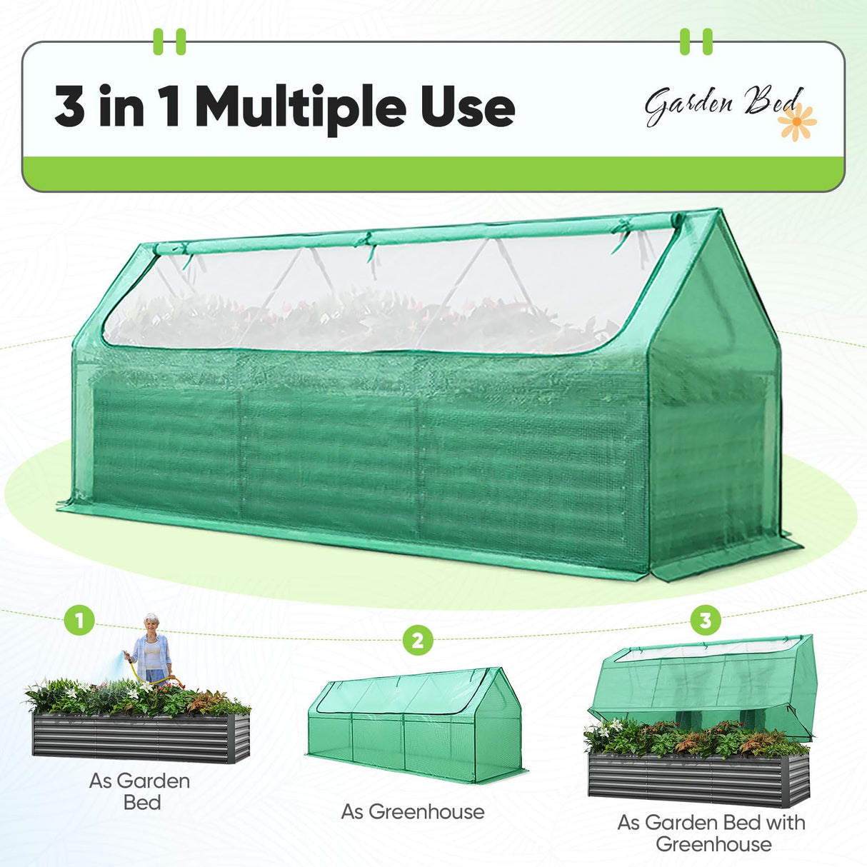 Quictent 8'x4'x2' Galvanized Raised Garden Bed with Cover - Green