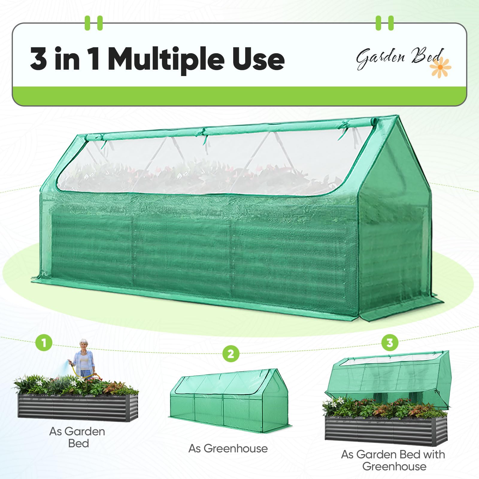 Quictent 8'x4'x2' Galvanized Raised Garden Bed with Cover - Green