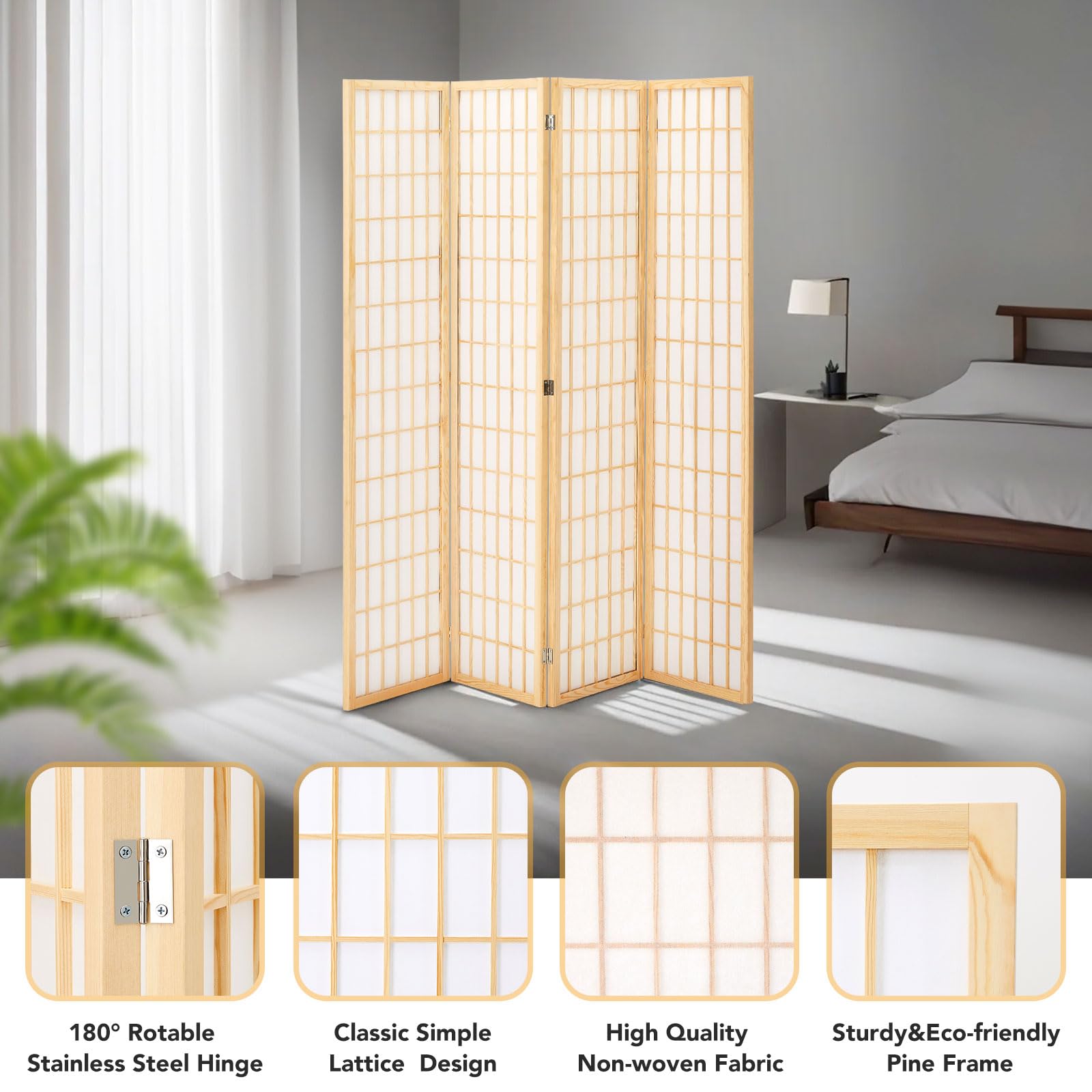 JOSTYLE 5.9ft Japanese Shoji Screen - Natural (4-Panel)