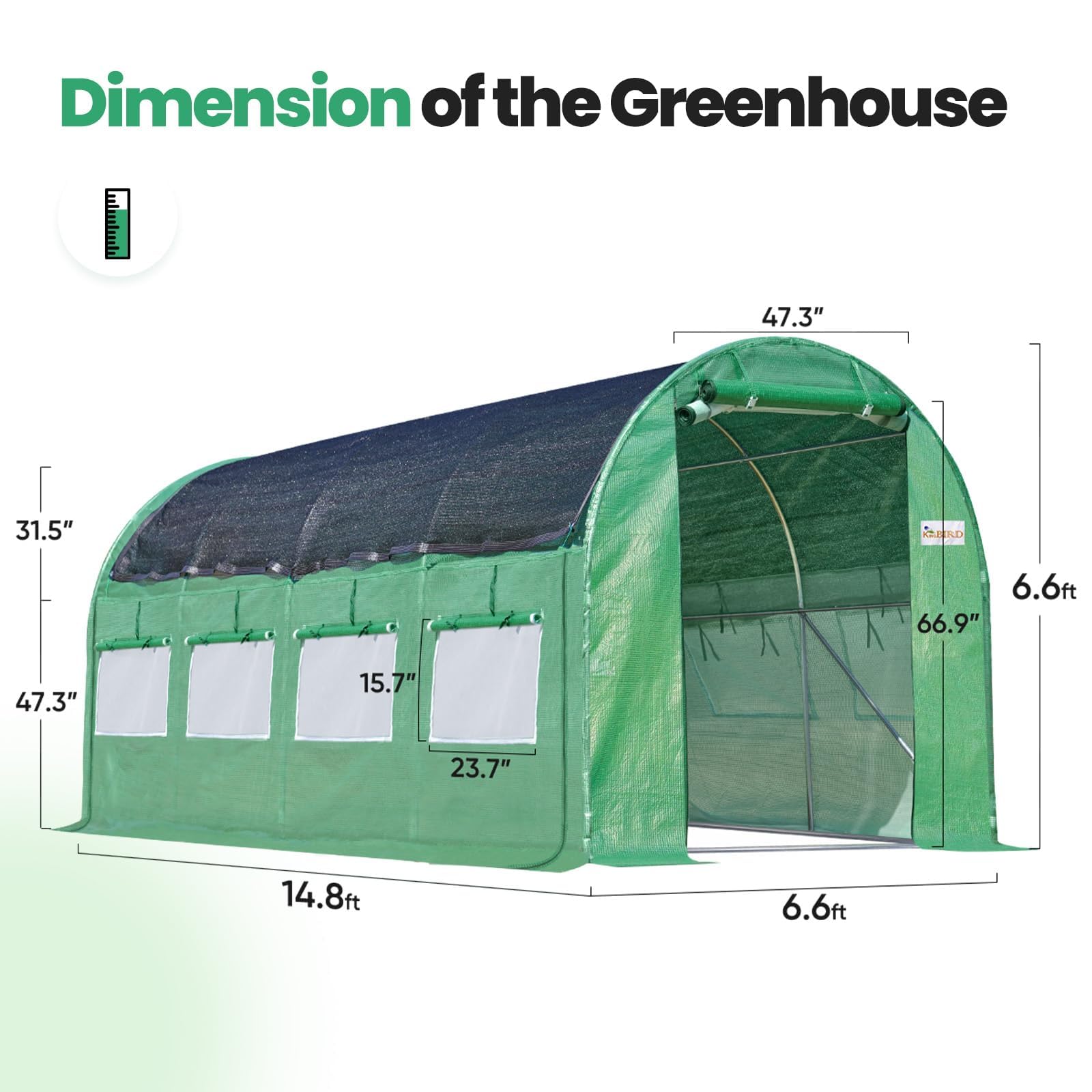 KING BIRD 15'x6.6'x6.6' Walk-in Greenhouse - Green