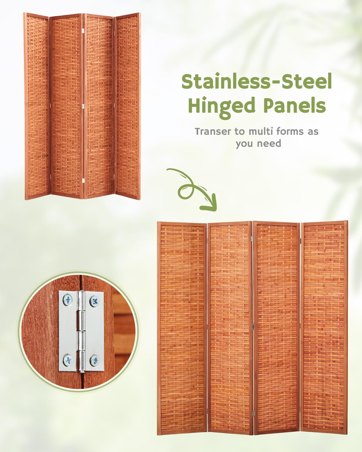 Stainless steel hinges on the saddle brown room divider, enabling flexible folding and arrangement, as displayed in the graphic highlighting multiple configurations.