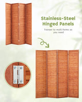 Stainless steel hinges on the saddle brown room divider, enabling flexible folding and arrangement, as displayed in the graphic highlighting multiple configurations.