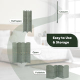 Foldable 4-panel green room divider made of eco-friendly bamboo and wood, shown collapsed and compact for easy storage with the text 'It's space-saving and flexible.'