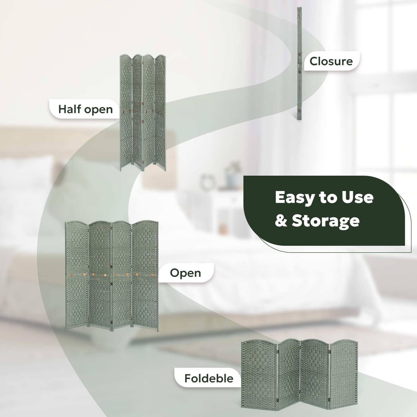 Foldable 4-panel green room divider made of eco-friendly bamboo and wood, shown collapsed and compact for easy storage with the text 'It's space-saving and flexible.'