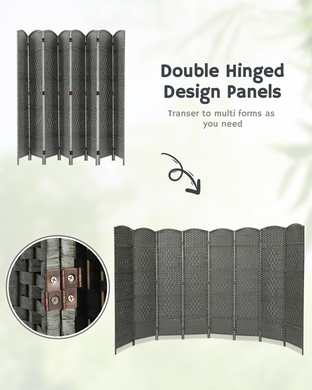 Foldable 8-panel grey bamboo divider with double-hinged panels for versatile configurations, featuring durable stainless-steel hinges for long-term use.