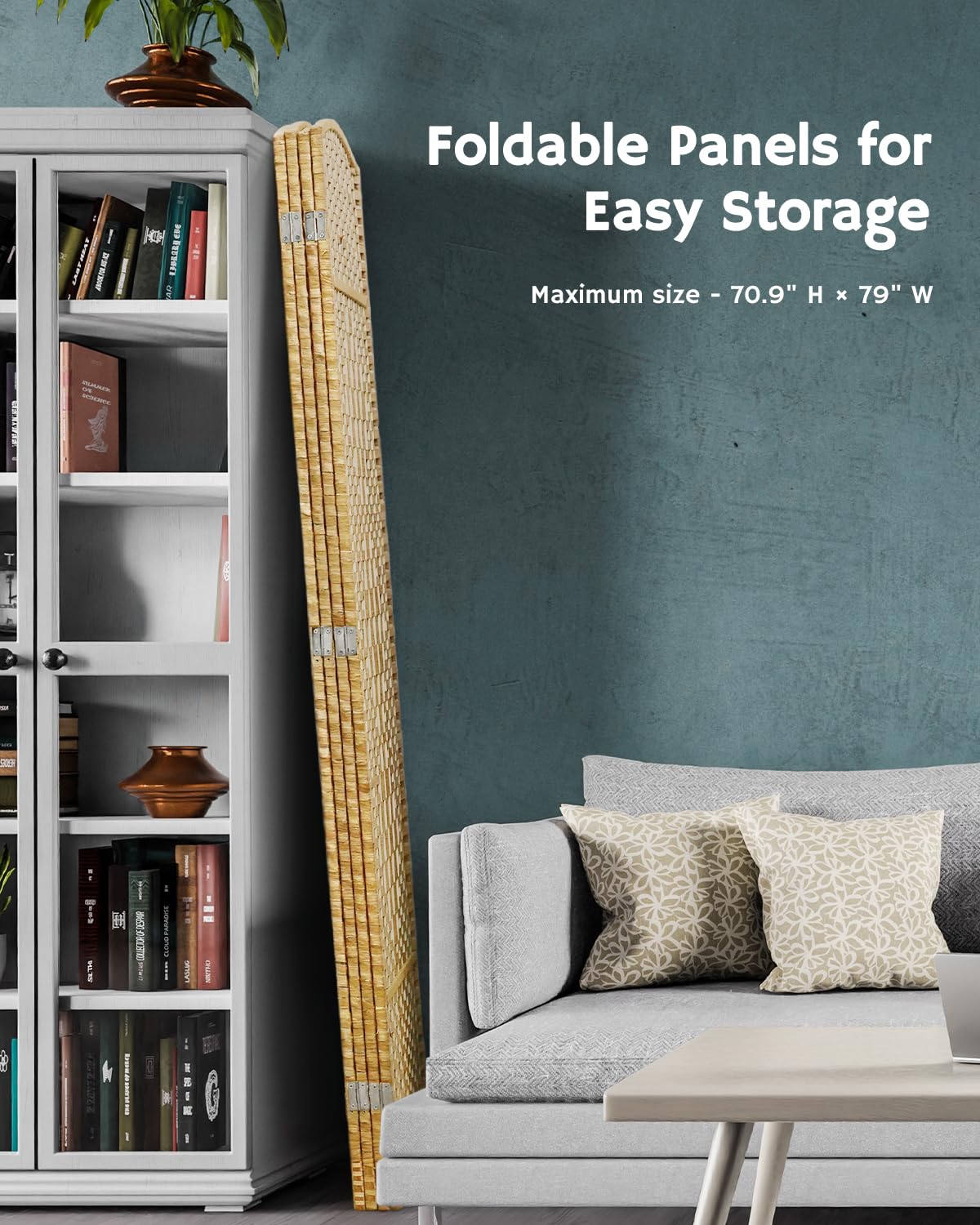 Foldable 4-panel yellow room divider shown stored compactly next to a bookcase, with text highlighting its easy-to-store and space-saving design.