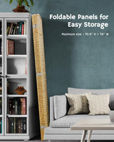 Foldable 4-panel yellow room divider shown stored compactly next to a bookcase, with text highlighting its easy-to-store and space-saving design.