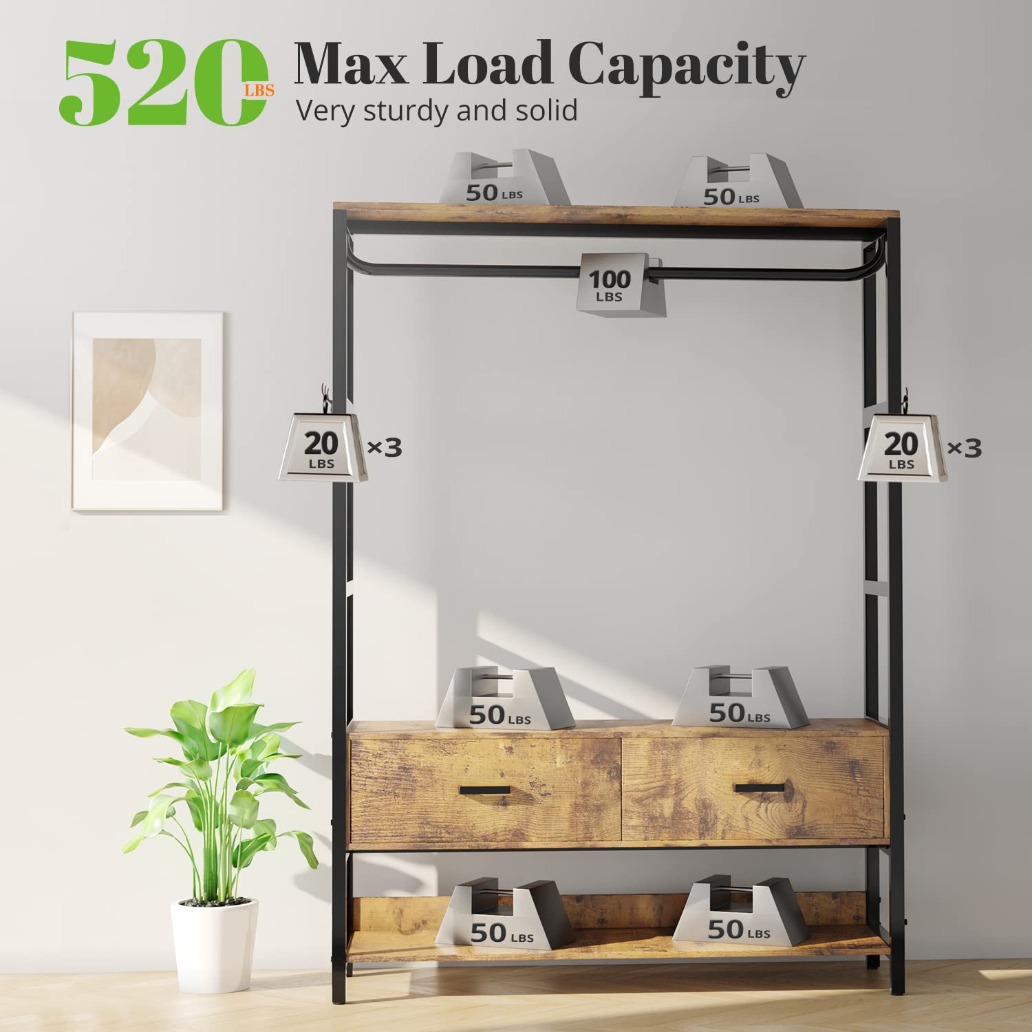 Features of the closet organizer with "520lbs Max Load Capacity," holding up to 50lbs on each hanging rod, drawer, and shelf tier.