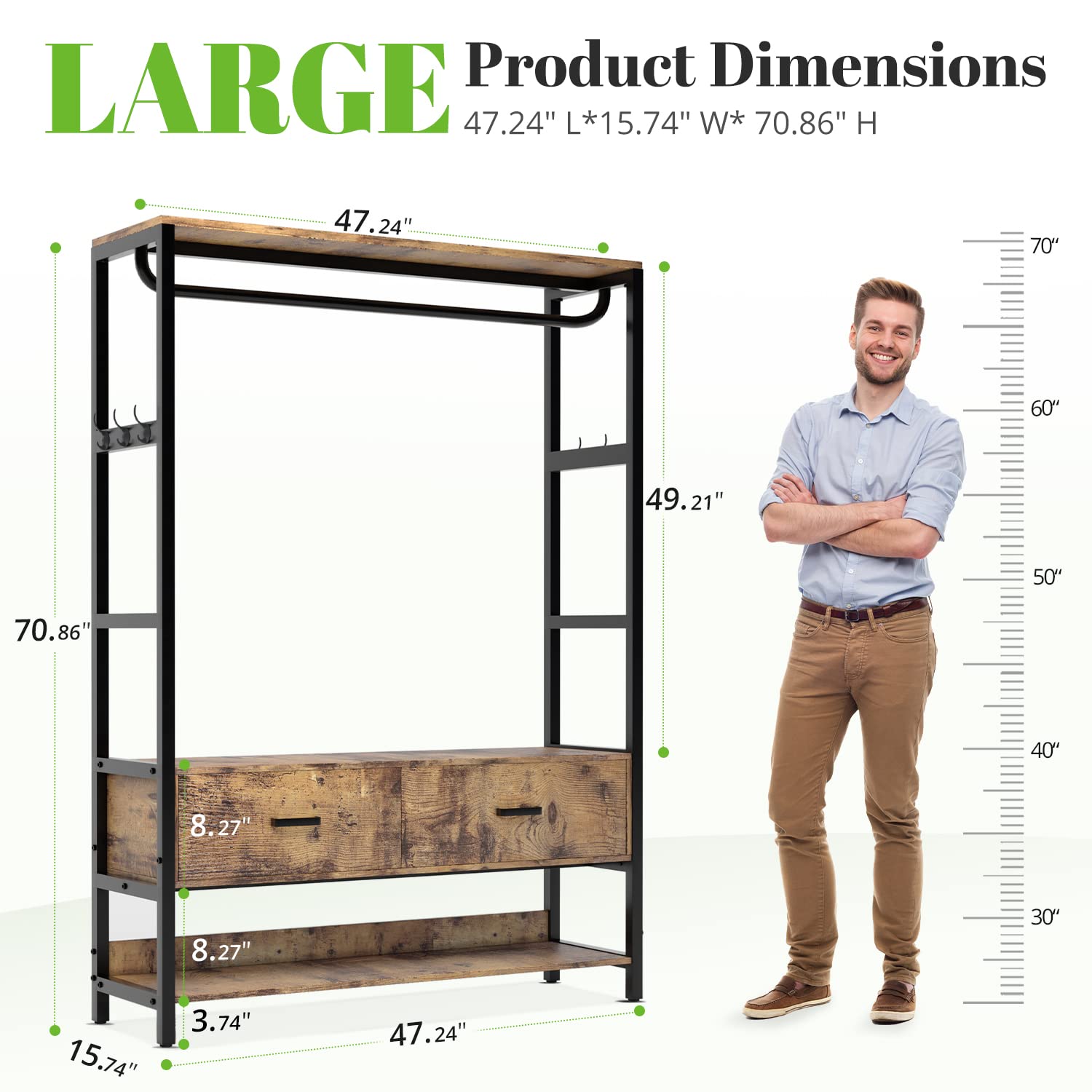 Product dimensions displayed next to a man for scale, emphasizing the large size and practicality for bedrooms, closets, and retail use.