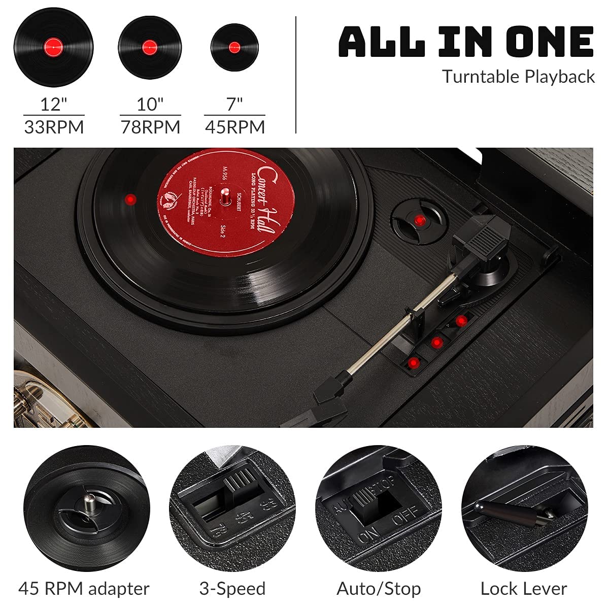 ORCC 10-in-1 Bluetooth Record Player with Speakers-Black