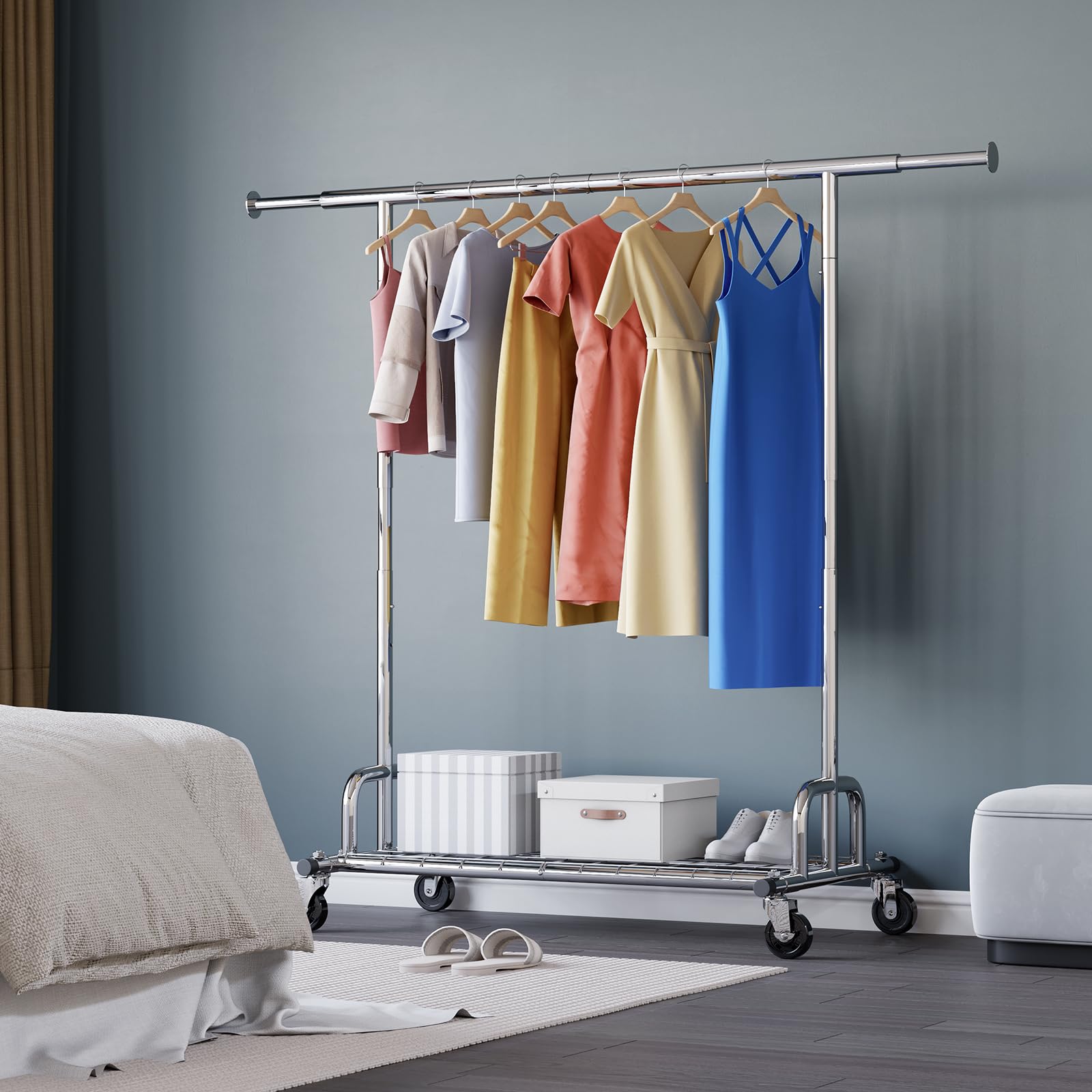 Versatile use scenario with the rack placed in a bedroom for clothes and accessory organization, showcasing its stylish and functional design.
