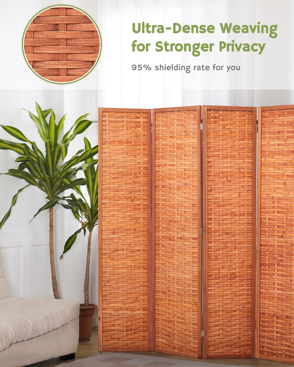 Saddle brown 4-panel room divider positioned in a living room with ultra-dense weaving, offering a 95% shielding rate for enhanced privacy, as noted by the text 'Ultra-Dense Weaving for Stronger Privacy.'
