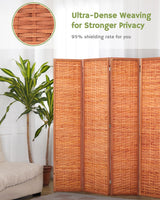 Saddle brown 4-panel room divider positioned in a living room with ultra-dense weaving, offering a 95% shielding rate for enhanced privacy, as noted by the text 'Ultra-Dense Weaving for Stronger Privacy.'