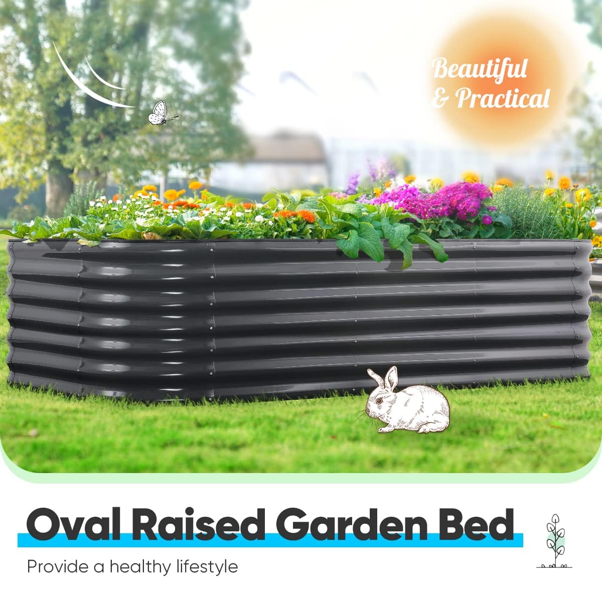 8'x4'x2' Oval Raised Garden Bed Kit - Dark Grey