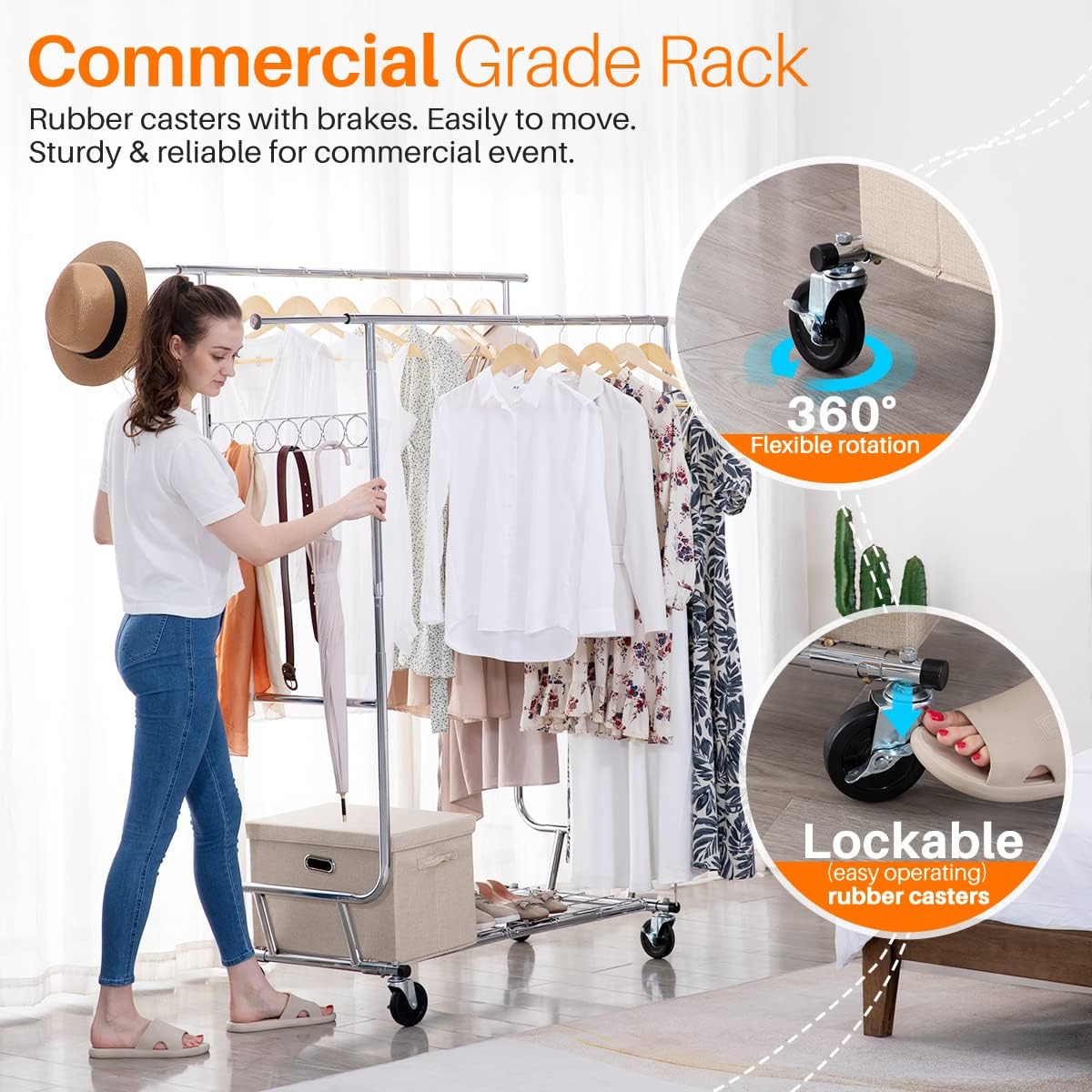 Commercial-grade rack equipped with 360¡ã rubber casters and two lockable wheels, ensuring smooth movement and stability for versatile usage.